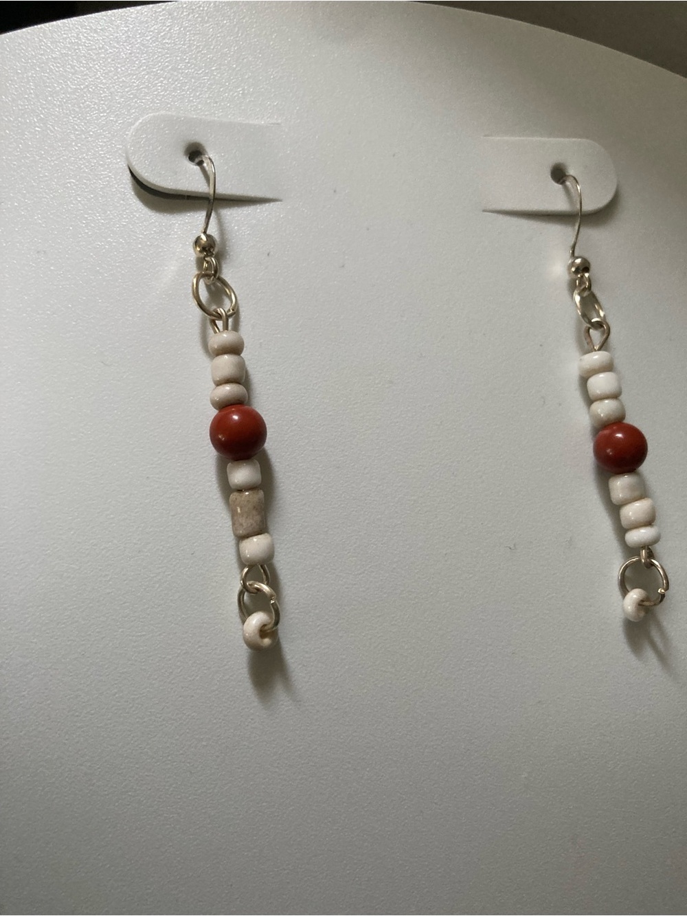 Handmade Red and Cream Beaded Drop Earrings
